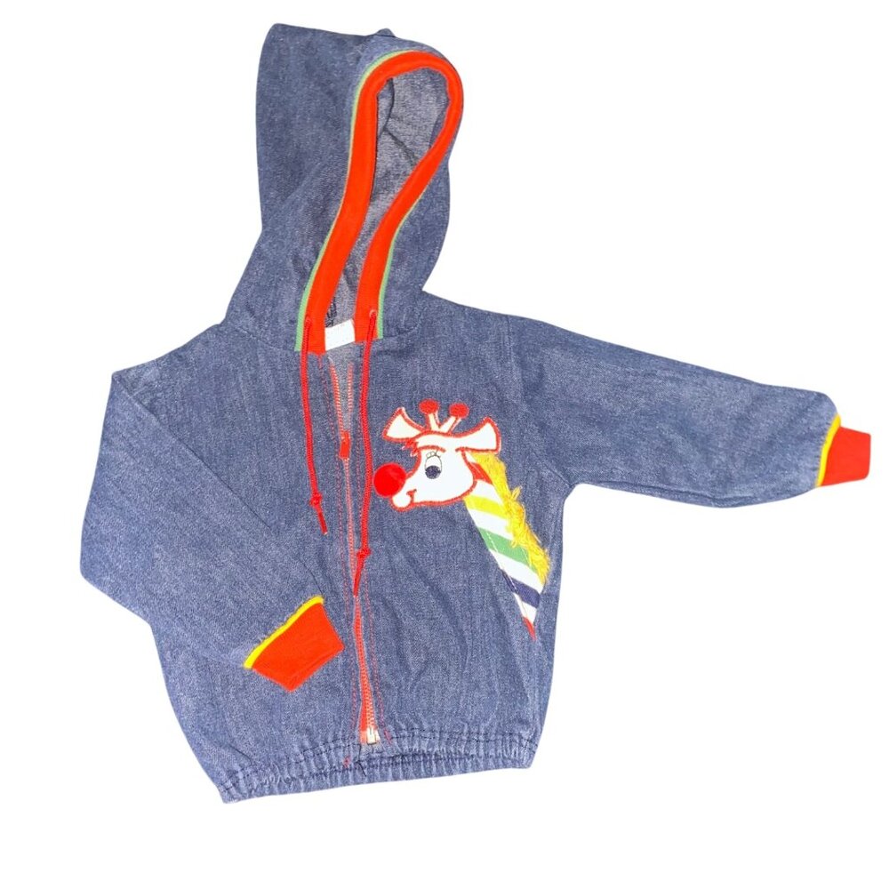 Vintage Don Spun 6/9 Month Denim Hooded Jacket Giraffe Retro Red Yellow Green
